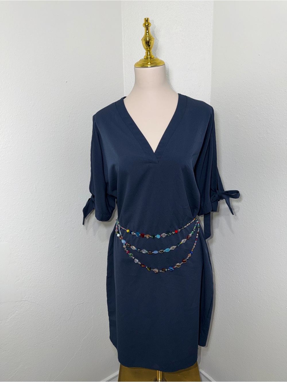 SHEIN Navy Blue V-Neck Split Sleeve Tunic Dress